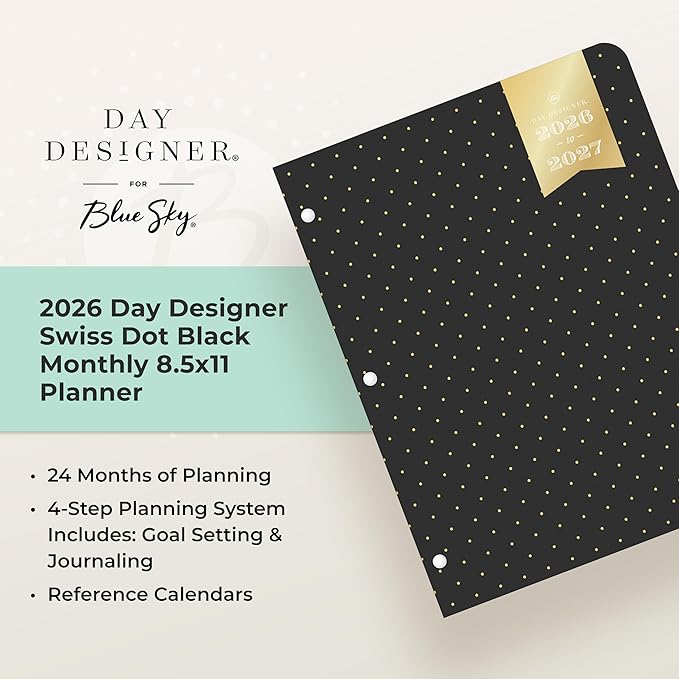 Blue Sky Day Designer 24 Month 2026 Monthly Planner Calendar, January 2026 - December 2027, 8.5" x 11", Flexible Cover, Stapled Binding, Swiss Dot Black