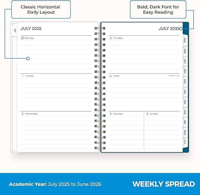 Blue Sky 2025-2026 Weekly and Monthly Academic Year Planner Calendar, July 2025 - June 2026, 5" x 8", Flexible Cover, Wirebound, Laminated Tabs, Bakah Blue