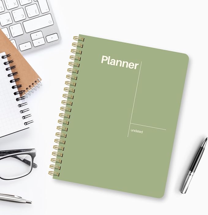 Undated Weekly Planner, 8.5" x 11", Dashboard Layout with Yearly Review, Monthly Calendars, & Weekly To Do List, Spiral Bound Organizer for Work, Study & Life (Green)