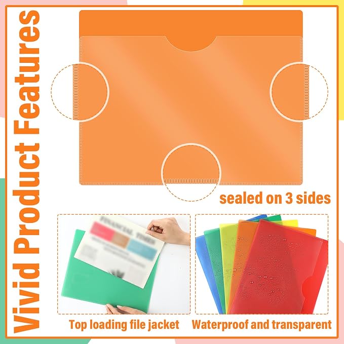 Kisston 25 Pack Heavy Duty Vinyl Plastic Folders with Clear Front Pocket File Jackets, Three Sided Closed, Letter Size Plastic Folders for Documents, 11.75 x 9.25 Inch (5 Colors)
