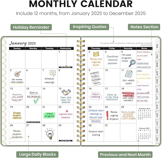 2025 Planner Weekly and Monthly, Jan 2025 to Dec 2025, Hardcover 2025 Calendar Planner Book with Tabs & Inner Pocket, Office Home School Supplies for Women & Men - A5 (6.3" x 8.5"), Spiral Bound, Green