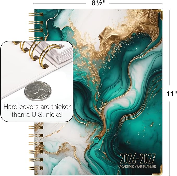 HARDCOVER Academic Year 2026-2027 Planner: 14 Months (May 2026 Through June 2027) 8.5"x 11" Daily Weekly Monthly Planner Yearly Agenda. Bookmark, Pocket Folder and Sticky Note Set (Teal Gold Marble)