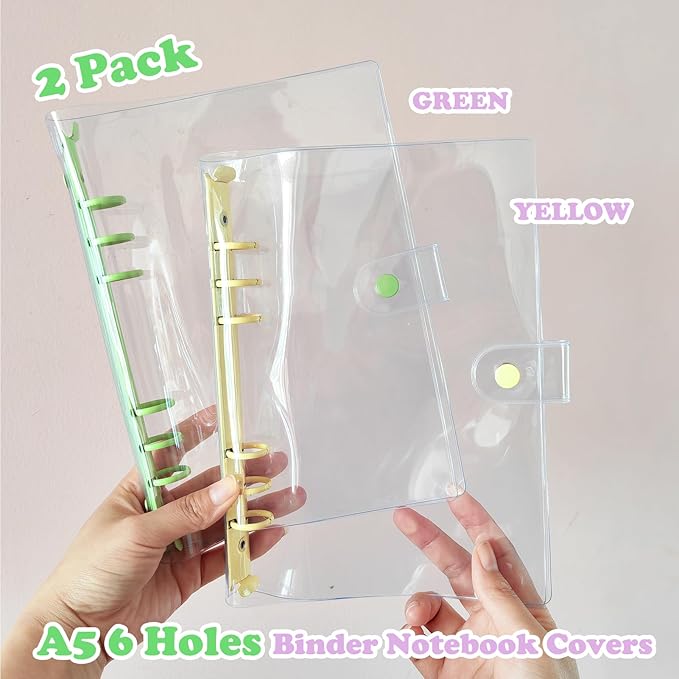 DY.2ten Pack of 2 Transparent Soft PVC 6-Ring Binder Cover with Snap Button Closure for 6 Hole Planner Pages Refill Insert (A5, Clear Cover + Yellow/Green Binder)