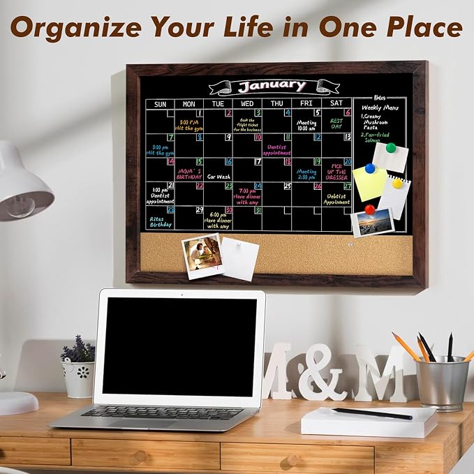 Gotideal Chalkboard Calendar 24" x 18" Chalk Board Calendar for Wall Magnetic Chalkboard Framed,Wall Mounted,Blackboard for Office,Kitchen,School,Home