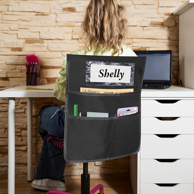 12 Pack Black Chair Pockets for Classrooms, Chair Pocket with 3 Heavy Duty Storage Pocket, Chair Back Buddy Pocket with Name Tag Slot, Ideal Back to School Supplies, Classroom Must Haves (Black)