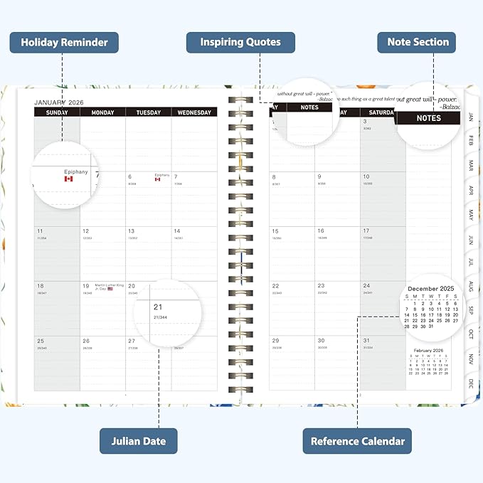 2026 Planner, Weekly and Monthly Calendar Planner, Academic Daily Agenda (Jan 2026 - Dec 2026), Hardcover Planning Notebook for Office Accessories and School Supplies, Scattered Flowers