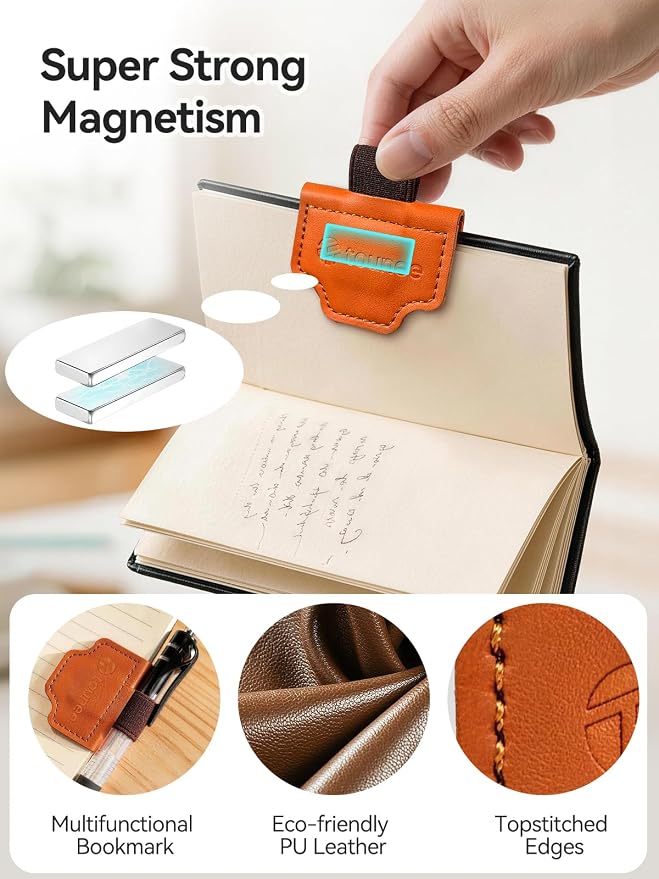 Tounee 6-Pack Magnetic Leather Bookmarks with Integrated Pen Holder, Essential Reading Accessories for Book Lovers & Avid Readers, Slim Page Markers for Bible Study, Journaling & Planners