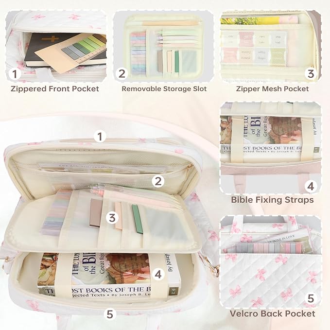 Bible Cover Case for Women Bible Study Supplies Church Camp Essentials Christian Gifts for Women Journaling Kit Quilted Large Bible Book Sleeve (Pink Bow, Large)