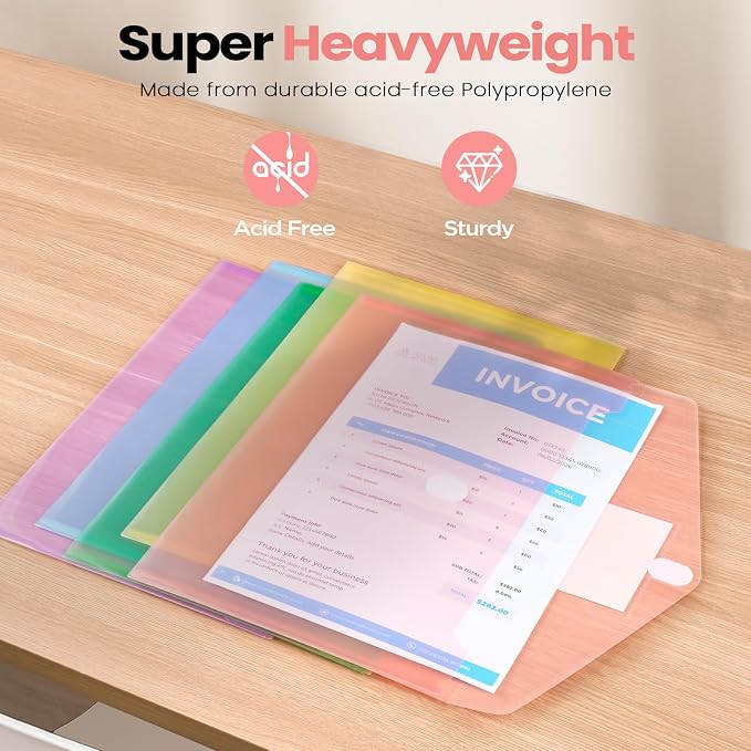 Sooez 36 Packs Plastic Envelopes Plastic File Folders, Clear Document Organizer Folder US Letter A4 Size Folders for Documents with Label Pocket for School Office Work Home Organization, Fresh Colors