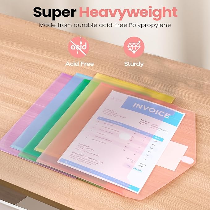 Sooez 24 Packs Plastic Envelopes Plastic File Folders, Clear Document Organizer Folder US Letter A4 Size Folders for Documents with Label Pocket for School Office Work Home Organization, Fresh Colors