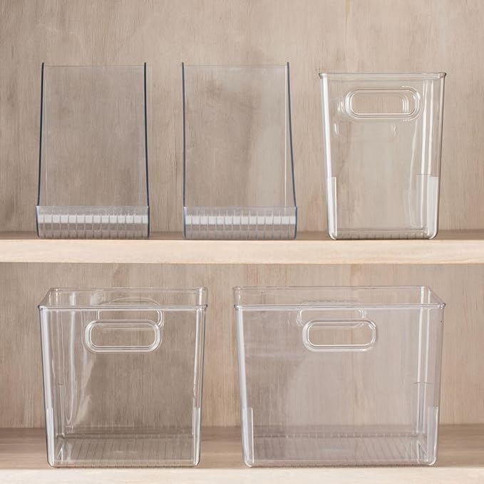 mDesign Tall Deep Rectangular Plastic Office Supplies Storage Organizer Bin with Carrying Handles - Pads, Pens, Pencils, Dry Erase Markers, Highlighters, Sticky Notes, Ligne Collection, 4 Pack, Clear