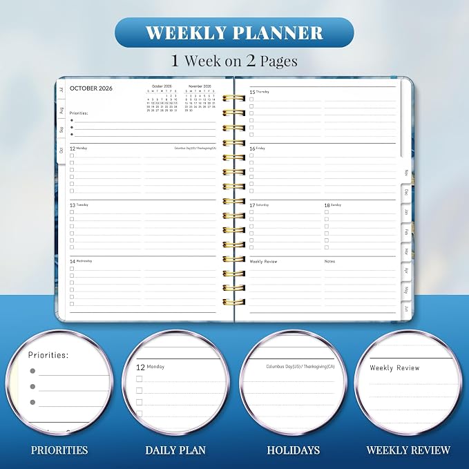 Lonely Oak Academic Planner 2026-2027, Daily Weekly and Monthly Agenda Planner 6.18" x 8.5" with Tabs, 12 Months Spiral School Year A5 Calendar from Jul.2026 to Jun.2027 for Student and Teacher (Dark Blue)