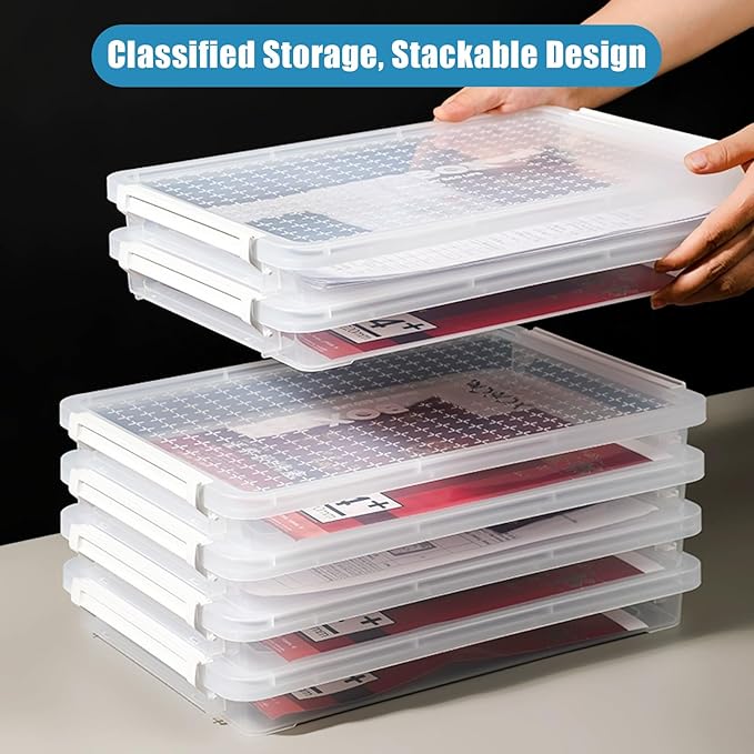 LOEQIAN 3 Pack Plastic Organizer Bins With Lids, A4 File Storage Boxes Stackable, Clear Flat Storage Box for Organizing A4 Paper, Photo, Document, Home, School, Office Supplies Accessories