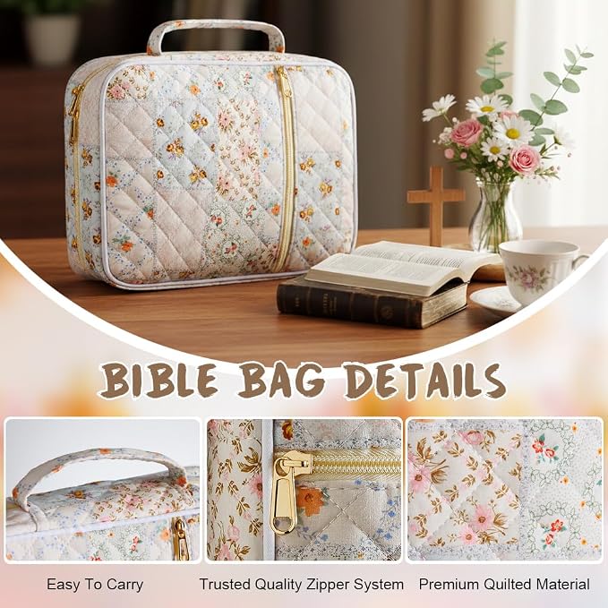 Bible Cover Case for Women,Bible Tote Bag Large Quilted Bible Cover with Durable Handle Carrying Case for Girls Bible Study Supplies Accessories,Christmas Christian Gifts for Women (Spliced Flower)