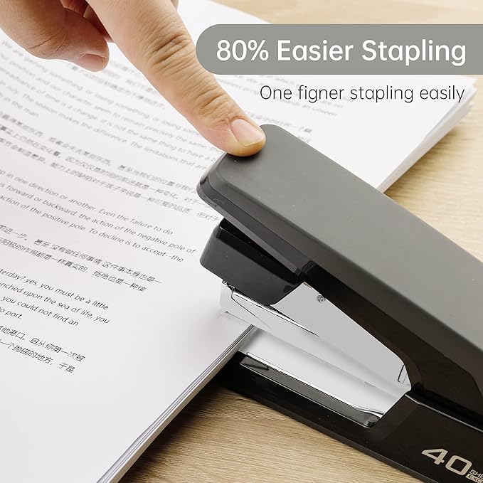 Deli Effortless Desktop Stapler, Heavy Duty Stapler, 40-50 Sheet Capacity, One Finger, No Effort, Includes Staples & Staple Remover, Black