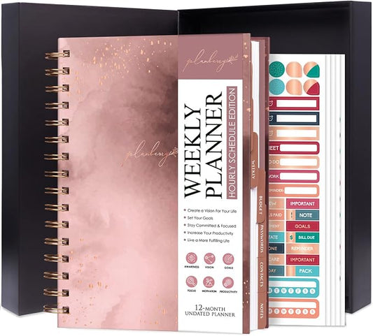 PLANBERRY Hourly Schedule Planner Premium – Undated Weekly Organizer with Time Slots & Monthly Budget – Time Management, Goal Setting, To-Do List & Habit Tracker –6.9″x8.5″(Rose Gold)