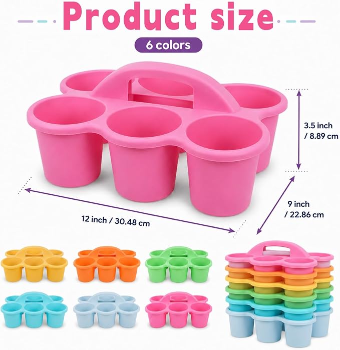 Plastic Caddy with Handle Set of 6 Classroom Caddy Organizer Cup Caddies Water Bottle Storage Crayon Caddies Plastic Cup Holder Drink Carrier for School Home Office Supplies (Pastel)