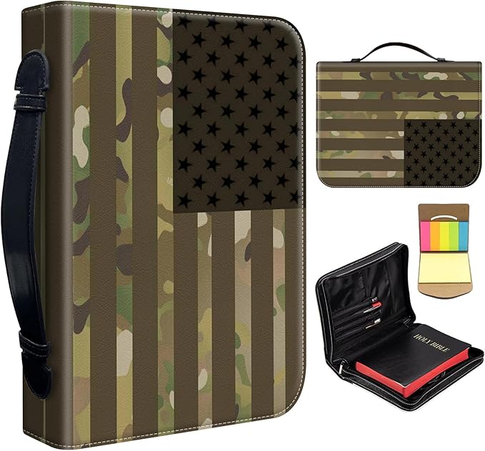 Bible Cover for Men,Large Leather Bible Case Fit Book Up to 11x8x2 Inch,USA Flag Camouflage Bible Covers Bible Study Carrier Church Bags w/Handle & Zipper
