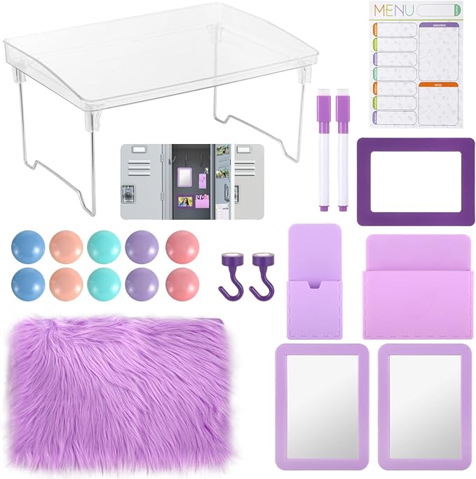OMISTAR 22 Pcs Locker Organizer Kit - Purple Locker Accessories with Locker Shelf Magnetic Mirror Small Whiteboard Adsorptive Buttons Markers Phone Frame Hook,Back to School Essentials Decorations