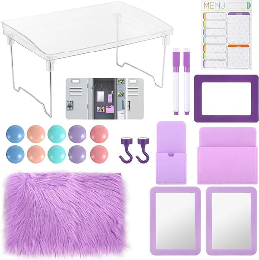 OMISTAR 22 Pcs Locker Organizer Kit - Purple Locker Accessories with Locker Shelf Magnetic Mirror Small Whiteboard Adsorptive Buttons Markers Phone Frame Hook,Back to School Essentials Decorations