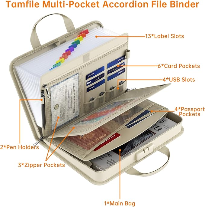 Fireproof Accordion File Organizer with Lock, 5200℉ Document Organizer | Thickened, 13 Clear Pocket, with Zipper & Labels, Important Document Organizer, Expanding File Folder, with Handle, Black