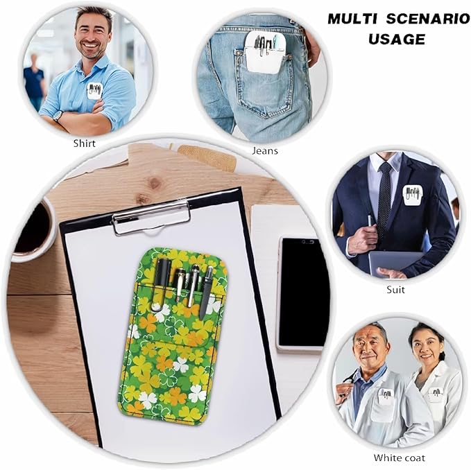 chaqlin Portable Pocket Protector with Saint Patrick Leaves Print PU Leather Pocket Organizer for Men Women Shirts, Lab Coats, Pants -Pen Pouch Holder
