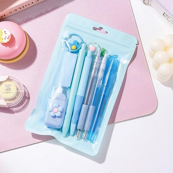 MOZXIRZ 8 Pcs Cute Blue Stationery Set for Girls Boys Women Back to School Supplies Office Supplies Kawaii Candy Colors Stationery Gift Including Pen Pencil Highlighter Eraser (Blue)
