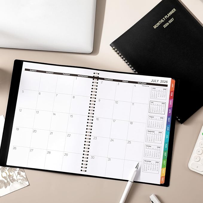 2026-2027 Monthly Planner - 18 Monthly Planner/Calendar 2026-2027, Jul. 2026 - Dec. 2027, 8.86" x 11.4", Calendar Planner with Colorful Tabs, Faux Leather, Pocket, Note Pages, Twin-Wire Binding