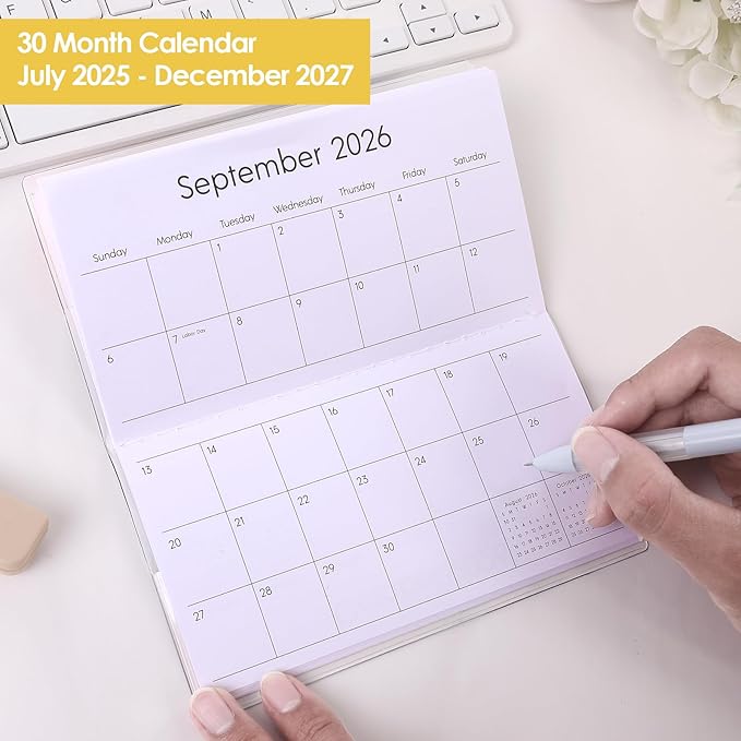 SKYDUE Pocket Calendar 2026-2027 for Purse 6.5" x 3.5", 2026-2027 Pocket Planner 24 Months with Soft Waterproof Cover, Watercolor Floral