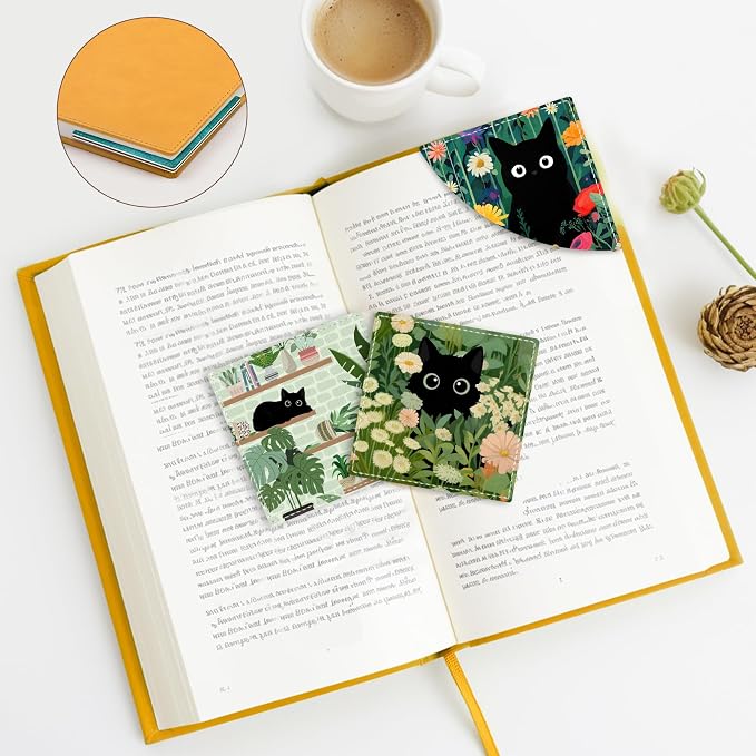 Icycay Cute Black Cat Floral Corner Bookmarks, Funny Leather Book Accessories for Book Lovers, 3 Pcs Reading Book Page Markers for Women Men Student Teacher Girls Boys Retirement Birthday Gifts