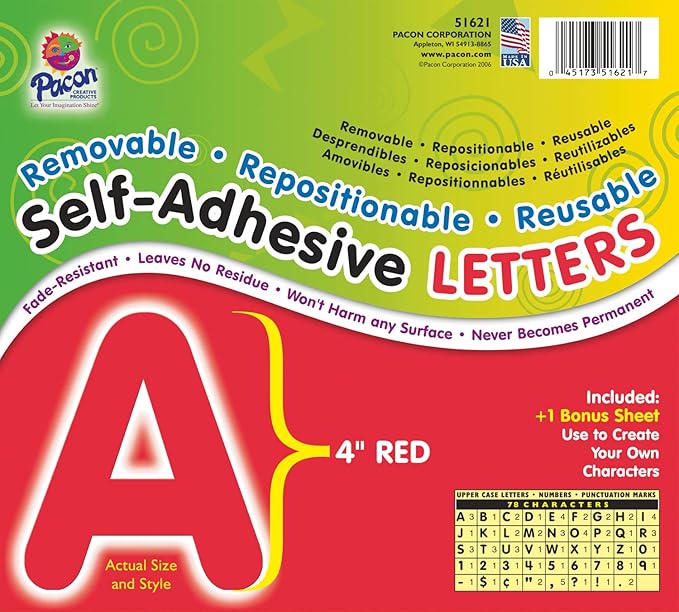 Pacon® PAC51621 Self-Adhesive Letters - Removable, Repositionable, Reusable, 4", Red, 78 Pieces