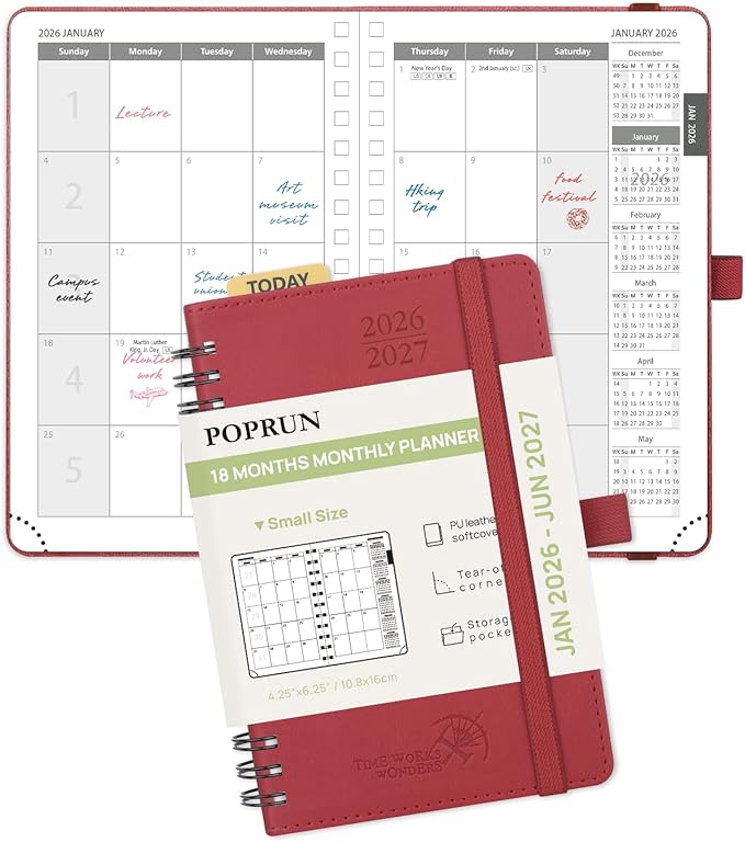 POPRUN Monthly Planner 2026-2027 (Pocket 4.25" x 6.25") 18 Months Calendar (Jan 2026 - Jun 2027) - 4 Pages per Month with Expense & Notes, Leather Cover, Sunday Starts - Burgundy Red