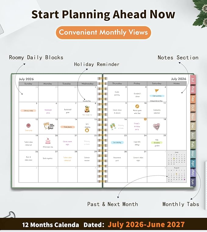 Academic Planner 2026-2027, Weekly and Monthly Calendar Planner from July 2026 - June 2027, 6.1" x 8.2" A5 Large Daily Agenda Book with Tabs, Flexible Cover, College School Organizer for Student Teacher,Green