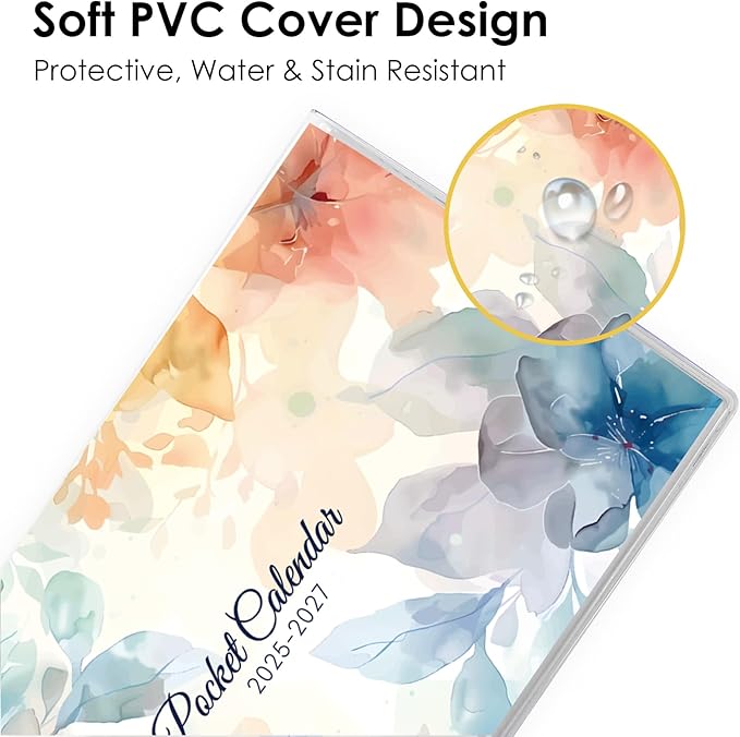 SKYDUE Pocket Calendar 2026-2027 for Purse 6.5" x 3.5", 2026-2027 Pocket Planner 24 Months with Soft Waterproof Cover, Watercolor Floral