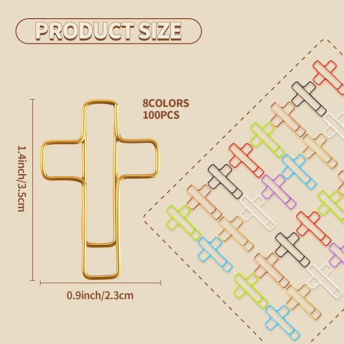 100PCS Cross Paper Clips – Christian Bible Paperclips, Cross-Shaped Bookmark for Journaling, Students, Church or Office Use – Multicolored Cute Faith Gift