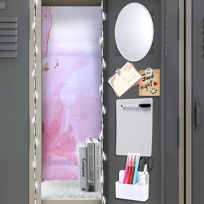 Timgle 13 Pcs School Locker Organizer and Decorating Kit Pink Marble Magnetic Wallpaper Whiteboard Magnetic Cup Mirror Marker Magnets Faux Fur Cushion String Lights for Back to School Supplies