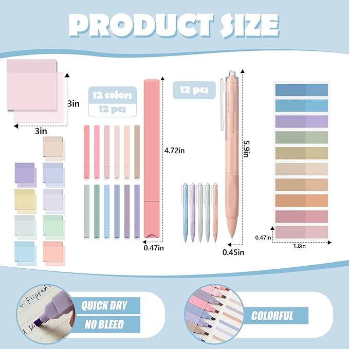 Jutom 39 Pcs Aesthetic Book Annotation Kit Highlighter with Pencil Case Bag Gel Pen Transparent Sticky Note Taking Bible Study College School Supplies(Pink,Cute Style)