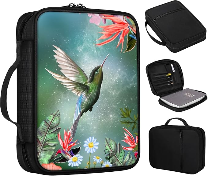 Bible Cover, Hummingbird Pink Flowers Bible Case with Handle and Zippered Pocket Standard Size Holy Bible Bag Women Gifts, Church Bag Portable Bible Carrying Book Case for Bible Study