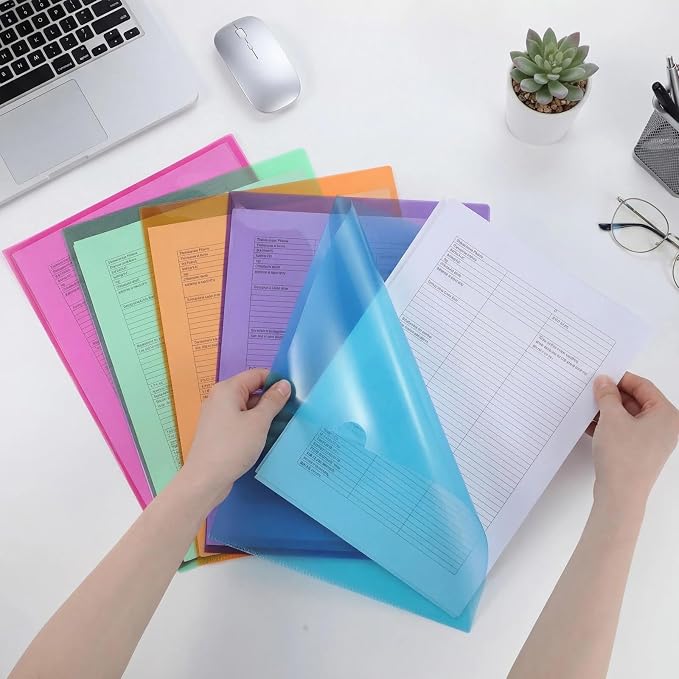 Fainne 100 Pcs Plastic Document Folders Clear File Folders Plastic Pockets Sleeves Letter Size 8.7 x 12.2 Inches A4 Assorted Colors for Office Supplies (Stylish Color)