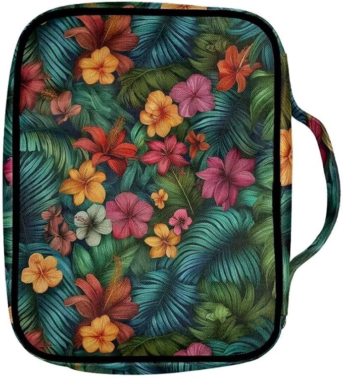 Coldinair Tropical Flower Leaf Bible Covers Bag for Women,Carrying Book Case Church Bag Bible Holder with Handle and Zippered Pocket