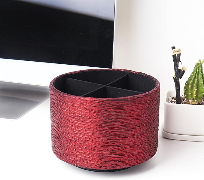Round Leather Art Supply Organizer,Remote Control Holder,360-degree Rotating Pen Organizer with 4 Compartments(1-Light Tree Red)