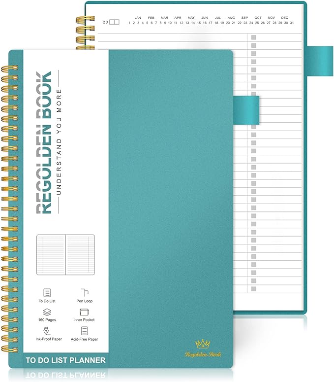 Regolden-Book To Do List Notebook, Daily Planner for Work, Project Tasks & Personal Organizer, Checklist Man/Women, Pocket, Pen Loop, 160 Pages (7"x10")