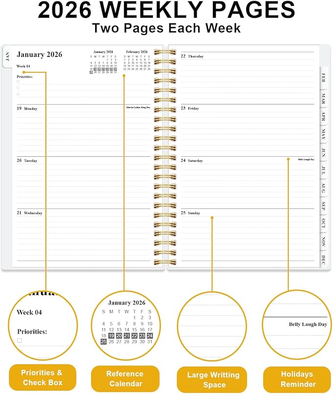 2026 Planner - Weekly and Monthly Planner Calendar from January 2026 to December 2026, Planning Agenda with Tabs & Inner Pocket, Spiral Bound for School/Office Supplies, 5.8'' × 8.3'', Gold Floral Black