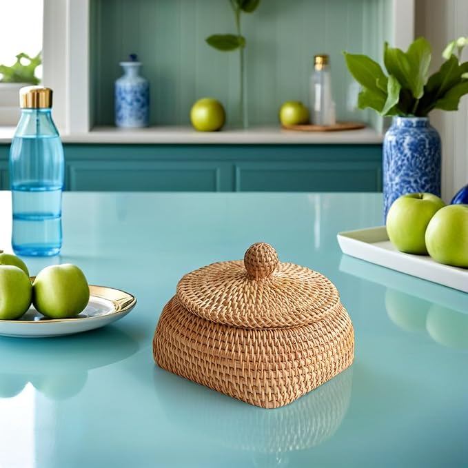 Cabilock Woven Rattan Remote Control Storage Box 5.9X5.9X3.14 Inch Desktop Organizer Basket for Home Sundries Tabletop Tidying