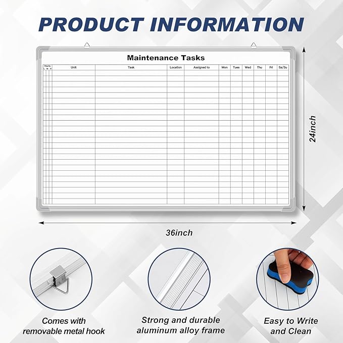 AmazingSpark Lined Whiteboard Blank Grid Aluminum Frame Dry Erase Board Reusable Wall Mounted Board for Scheduling, to Do Lists Weekly Planning Home Work (36 x 24 Inch,Horizontal Maintenance Tasks)