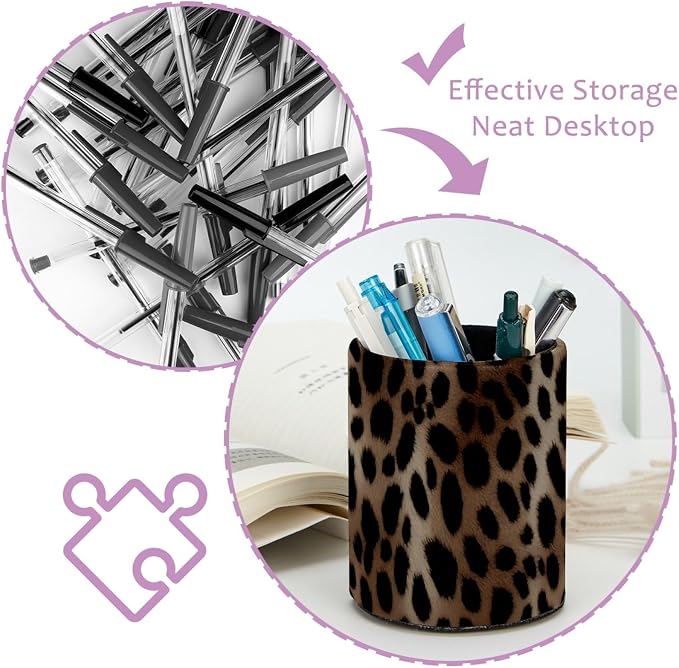 Leather Pen Holder for Desk, Leopard Print Makeup Brushes Holder Pencil Cup Multifunctional Desktop Organizer Caddy for Home School Office Desk Accessories