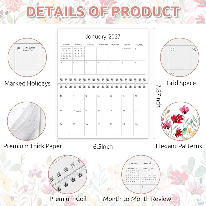 Pocket Calendar 2025-2027, Small Pocket Planner 2026 for Purse - 3.5’’×6.5’’ - From July 2025 - December 2027, Daily Monthly Agenda with Coil for Planning - Pink Flower