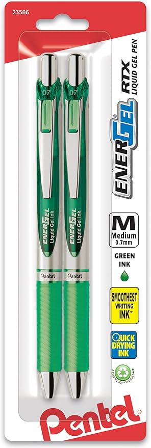 Pentel EnerGel RTX Retractable Liquid Gel Pen, (0.7mm), Medium Line, Metal Tip, Green Ink, Pack of 2 (BL77BP2D)