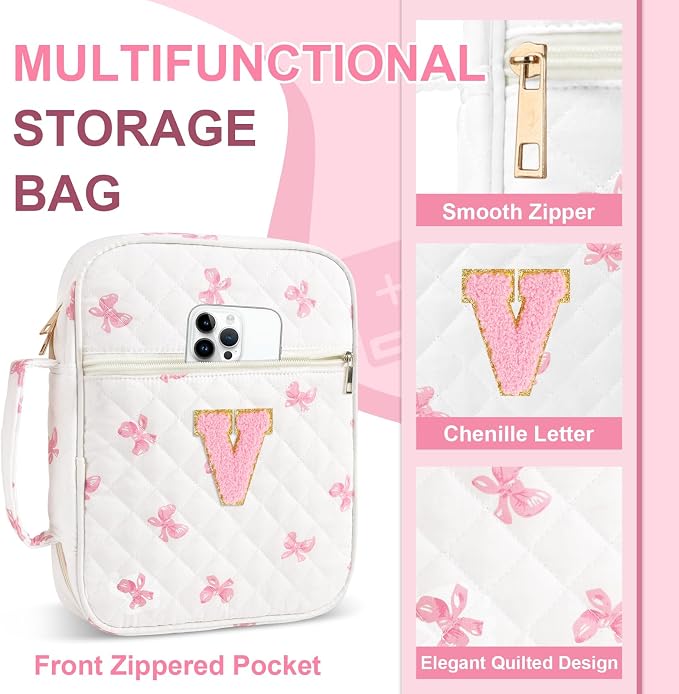 Personalized Initial Bible Cover Case for Women Girls Kid - Large Quilted Bible Case with Handle,Chenille Letter Bag Study Supplies,Christmas Gifts for Christians Birthday Graduation(Pink Bow-V)