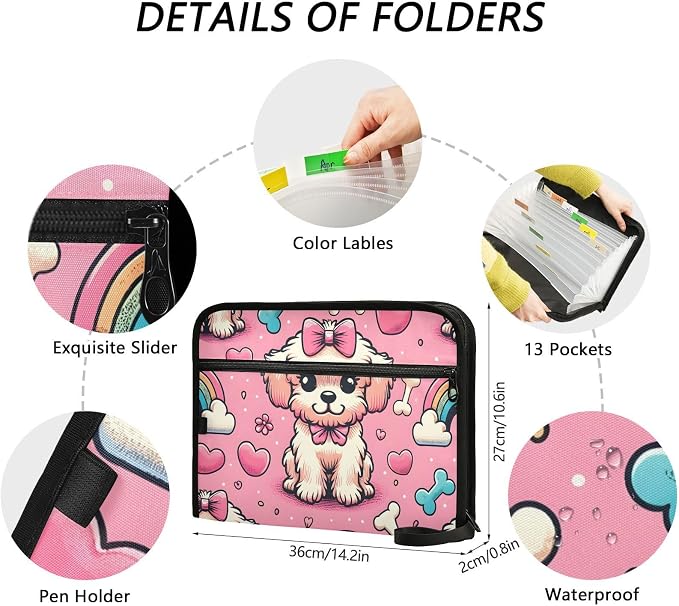Expanding File Folder Pink Bow Dog Bone Rainbow Accordion File Organizer 13 Pockets Document Organizer with Zipper Labels A4 Letter Office Storage
